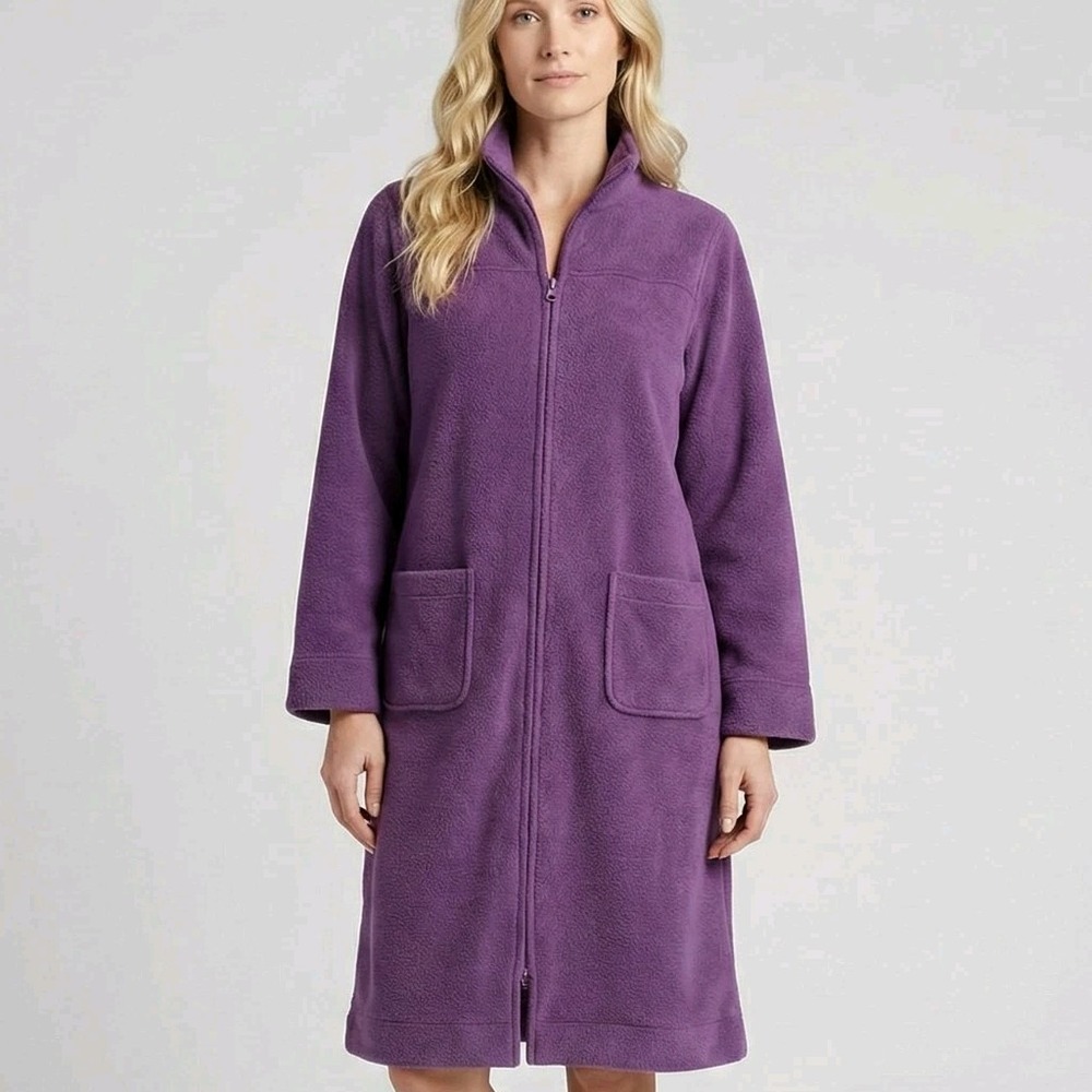 LL Bean Robe Womens Medium Purple Fleece Full Zip‎ Long Lounge Housecoat Plush